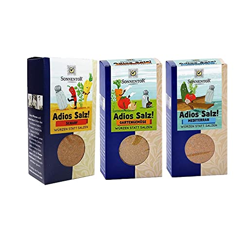 Sonnentor bio Gewürze - 3er Set Adios Salz: Gemüsemischung scharf, Gartengemüse, mediterran + YellowMedia Streudose AT-BIO-301 von Sonnentor