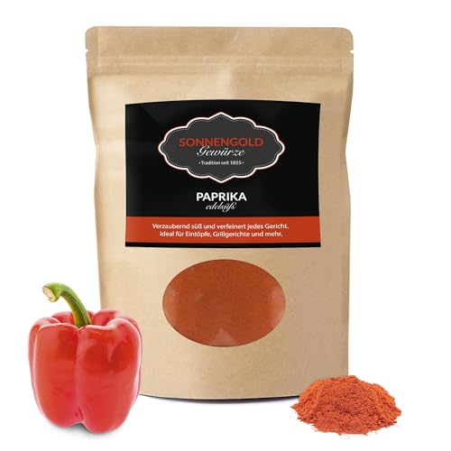 Sonnengold Gewürze - 1000g Premium Paprika edelsüß aus Spanien - 100-120ASTA -Explosiver Geschmack - Meisterqualität seit 1855 - Handverpackt in umweltfreundlicher Verpackung von Sonnengold