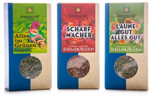 Sonnentor - 3er Set Gewürze - Scharfmacher (30 g) und Alles im Grünen Salatgewürz (15 g) und Laune gut, alles gut (25 g) von Sonnentor