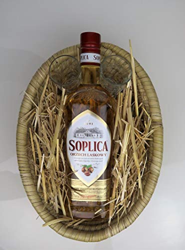 Geschenkkörbchen Soplica Haselnuss mit 2 Soplica Shot Gläsern | Fairtrade Handarbeit-Korb, inklusive Dekoheu von Soplica