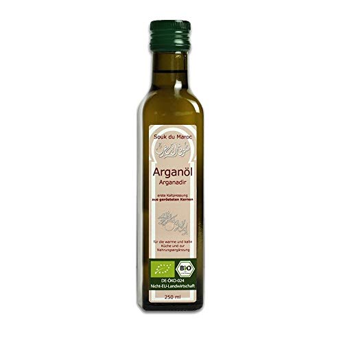 Bio Arganöl Speiseöl geröstet kaltgepresst Arganadir aus Marokko, 250ml 100% rein Vegan Bio-Arganöl für Küche, Salate & Nahrungsergänzung Gourmet-Speiseöl Fair Trade von Souk du Maroc