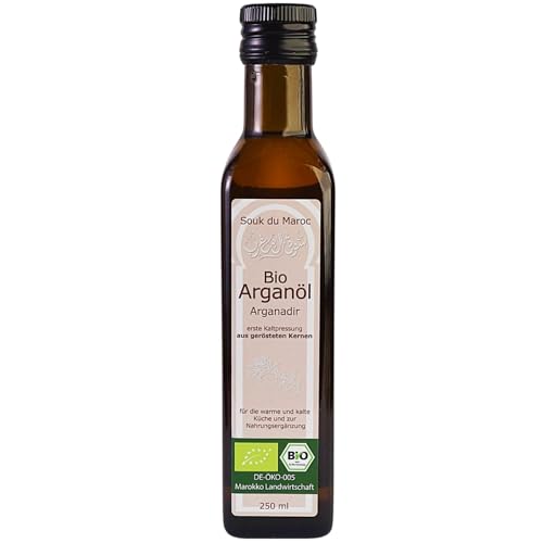 Bio Arganöl Speiseöl geröstet kaltgepresst Arganadir aus Marokko, 250ml ✔ 100% rein Vegan ✔ Bio-Arganöl für Küche, Salate & Nahrungsergänzung ✔ Gourmet-Speiseöl ✔ Fair Trade von Souk du Maroc