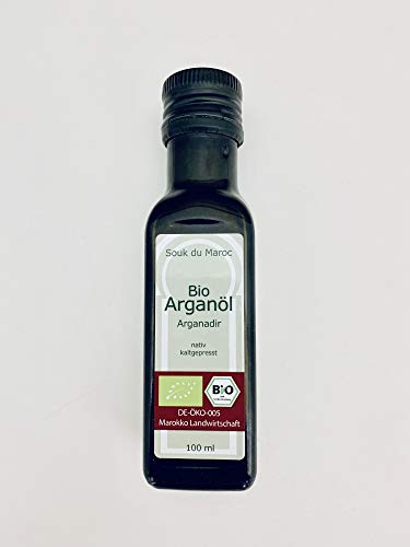 Bio Arganöl Speiseöl nativ kaltgepresst Arganadir aus Marokko, 100ml ✔ 100% rein Vegan ✔ Bio-Arganöl für Küche, Salate & Nahrungsergänzung ✔ Gourmet-Speiseöl ✔ Fair Trade von Souk du Maroc