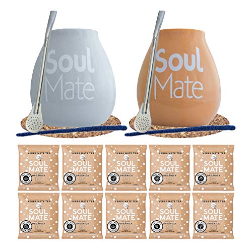 Soul Mate Mate Tee Set mit Zubehör für zwei Personen | Proben von Mate Tee | 10x50g | Kalebasse, Bombilla und Zubehör | Brasilianische, biologische Mate Tee | Natürliches Koffein | 500g | 0,5kg von Soul Mate