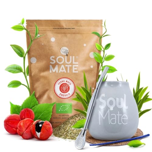 Yerba Mate Kit - Soul Mate Orgánica Energia 500g | Graue Keramik Kalebasse mit Logo | Mercedes Edelstahl Bombilla | Zubehör (Untersetzer & Reinigungsbürste) von Soul Mate