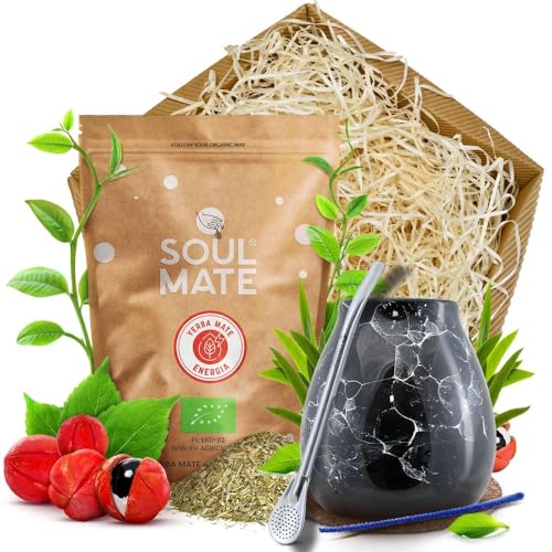 Yerba Mate Kit - Soul Mate Orgánica Energia 500g | Keramik Kalebasse | Mercedes Bombilla | Enthaltenes Zubehör (Untersetzer, Reinigungsbürste & Geschenkbox) von Soul Mate