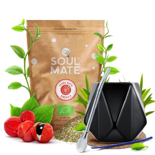 Yerba Mate Kit - Soul Mate Orgánica Energia 500g | Keramik Kalebasse | Mercedes Edelstahl Bombilla | Zubehör (Untersetzer & Reinigungsbürste) von Soul Mate