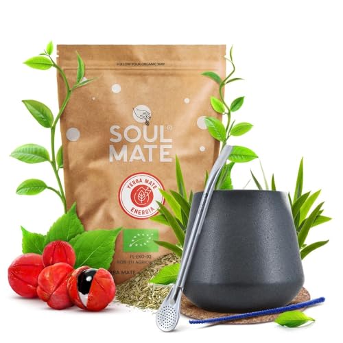 Yerba Mate Kit - Soul Mate Orgánica Energia 500g | Keramik Kalebasse | Mercedes Edelstahl Bombilla | Zubehör (Untersetzer & Reinigungsbürste) von Soul Mate