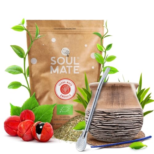 Yerba Mate Kit - Soul Mate Orgánica Energia 500g | Keramik Kalebasse | Mercedes Edelstahl Bombilla | Zubehör (Untersetzer & Reinigungsbürste) von Soul Mate