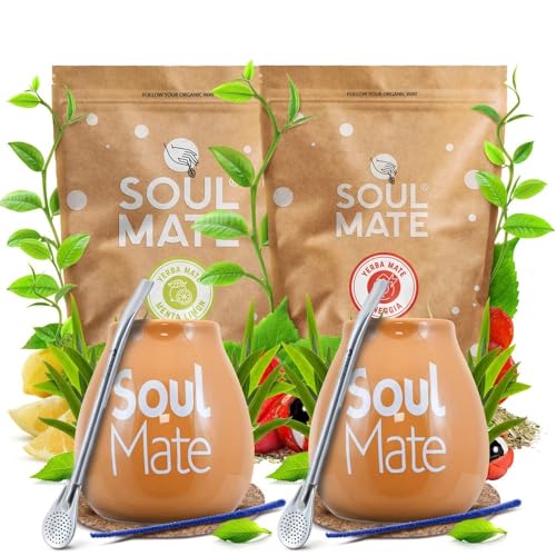 Yerba Mate Kit - Soul Mate Orgánica Energia & Menta Limón 2x500g | 2x Keramik-Kalebasse | 2x Edelstahl-Bombilla | Zubehör (Untersetzer & Reinigungsbürsten) von Soul Mate