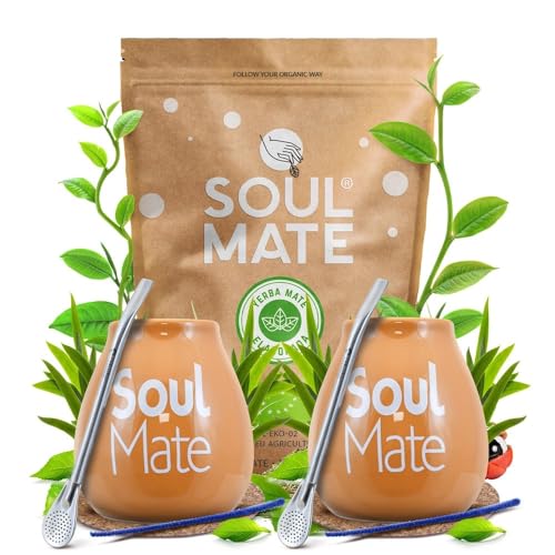 Yerba Mate Kit - Soul Mate Sin Humo Bio 500g | 2x Keramik Calebasse | 2x Edelstahl Bombilla | Enthaltenes Zubehör (Bierdeckel & Reinigungsbürsten) von Soul Mate