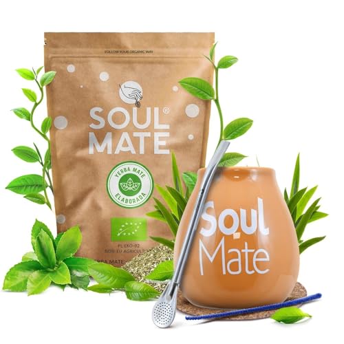 Yerba Mate Kit - Soul Mate Sin Humo Bio 500g | Keramik Calebasse | Edelstahl Bombilla | Zubehör (Untersetzer & Reinigungsbürste) von Soul Mate