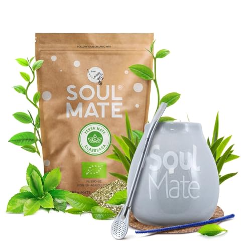 Yerba Mate Kit - Soul Mate Sin Humo Bio 500g | Keramik Kalebasse (Grau) | Edelstahl Bombilla | Enthaltenes Zubehör (Untersetzer & Reinigungsbürste) von Soul Mate