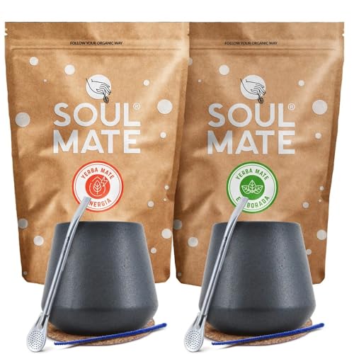 Yerba Mate Set für Zwei – Bio Soul Mate Orgánica Energia & Sin Humo Organica (2x500g) + 2x Keramik-Kalebasse + 2x Bombilla + Zubehör – Geschenk für Mate-Liebhaber von Soul Mate