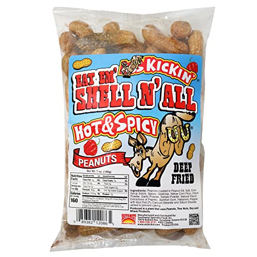 KICKIN' Eat Em Shell N All Gebratene ganze Erdnüsse — 7oz — Ultimatives würziges Gourmet-Geschenk Erdnüsse — Probieren Sie es aus, wenn Sie sich trauen! (Scharf und würzig) von Southwest Specialty Food, Inc.