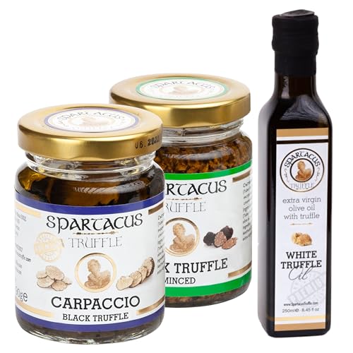 Spartacus Bundle-Set mit schwarzem Trüffel-Carpaccio und nativem Olivenöl extra mit weißem Trüffel | Gönnen Sie sich kulinarische Exzellenz | Erlesene Trüffel für Feinschmecker von Spartacus Truffle