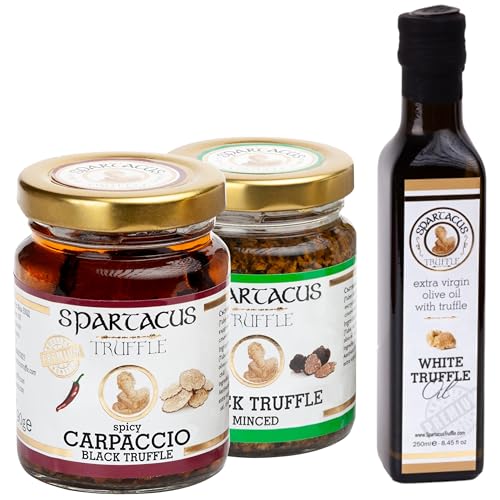 Spartacus Bundle-Set mit schwarzen gehackten und würzigen Carpaccio-Trüffel | Extra natives Olivenöl mit weißem Trüffel | Gönnen Sie sich kulinarische Spitzenleistungen von Spartacus Truffle