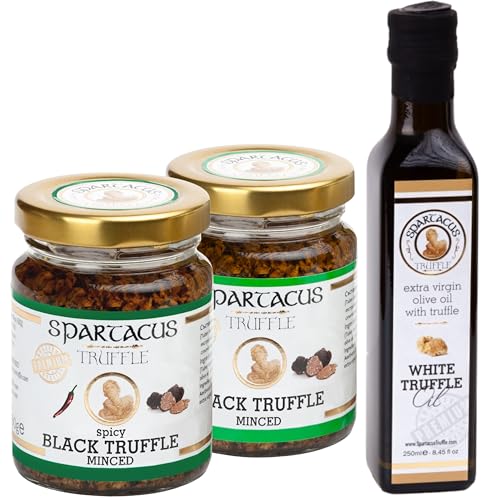 Spartacus Bundle-Set mit schwarzen und würzig gehackten Trüffeln | Extra natives Olivenöl mit weißem Trüffel | Gönnen Sie sich kulinarische Spitzenleistungen von Spartacus Truffle