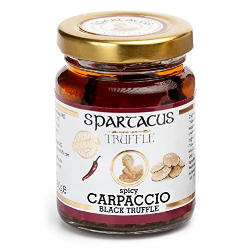 Spartacus Carpaccio Schwarze Trüffel en olivenöl | italienische spezialitäten | Gönnen Sie sich kulinarische Exzellenz | Erlesene schwarze Trüffel für Feinschmecker (90g) mit Chili von Spartacus Truffle