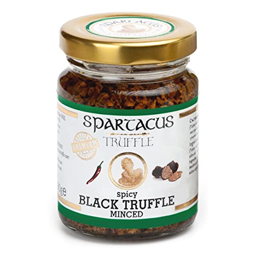 Spartacus Schwarzer Gehackter Trüffelen olivenöl | italienische spezialitäten | Gönnen Sie sich kulinarische Exzellenz | Erlesene schwarze Trüffel für Feinschmecker (90g) (Würziger) mit Chili von Spartacus Truffle