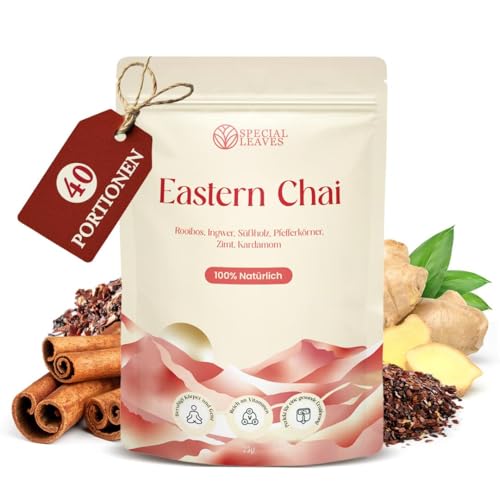 Special Leaves Eastern Chai Tee, 75g loser Rooibos Tee mit Ingwer und Zimt, Aromatische Gewürzteemischung für Chai Latte, Intensiver Geschmack und Natürliche Süße Special Leaves Eastern Chai Tee, 75g loser Rooibos Tee mit Ingwer und Zimt, Aromatische Gewürzteemischung für Chai Latte, Intensiver Geschmack und Natürliche Süße von Special Leaves