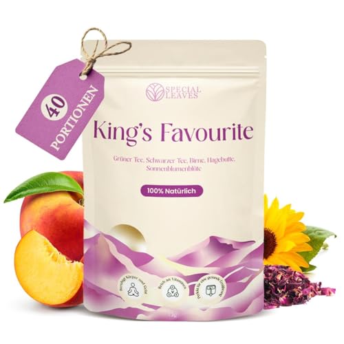 Special Leaves King's Favourite Tee, 75g lose Teemischung mit Schwarzem und Grünem Tee, Früchtetee mit Rosenblättern und Sonnenblumen, Erfrischend und Aromatisch für Heißen oder Kalten Genuss Special Leaves King's Favourite Tee, 75g lose Teemischung mit Schwarzem und Grünem Tee, Früchtetee mit Rosenblättern und Sonnenblumen, Erfrischend und Aromatisch für Heißen oder Kalten Genuss von Special Leaves