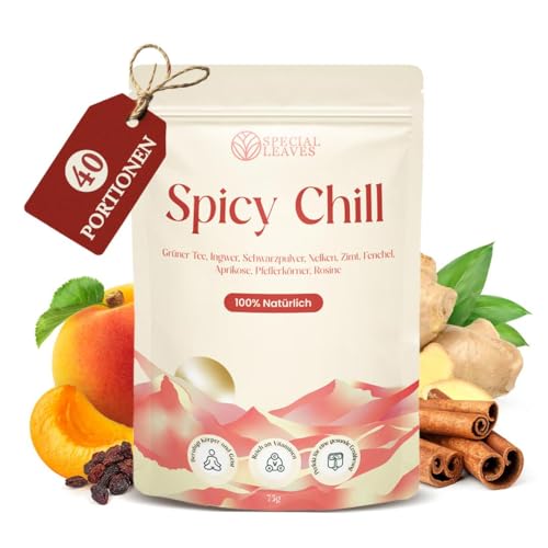 Special Leaves Spicy Chill Chai Tee, Grüner Tee mit Gewürzen für Chai Latte und Teegenuss, Aromatische Kräutermischung mit Zimt, Ingwer und Gunpowder, Vielseitig und Intensiv, 75g Special Leaves Spicy Chill Chai Tee, Grüner Tee mit Gewürzen für Chai Latte und Teegenuss, Aromatische Kräutermischung mit Zimt, Ingwer und Gunpowder, Vielseitig und Intensiv, 75g von Special Leaves