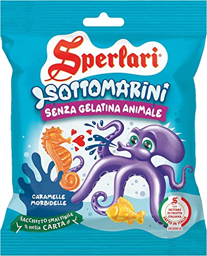 3x Sperlari Sottomatini kids weiche und funkelnde Fruchtbonbons in Form von Meerestieren, Pfirsich, Birne, Himbeere und Erdbeere, für Kinder - 40-gr-Beutel von Sperlari