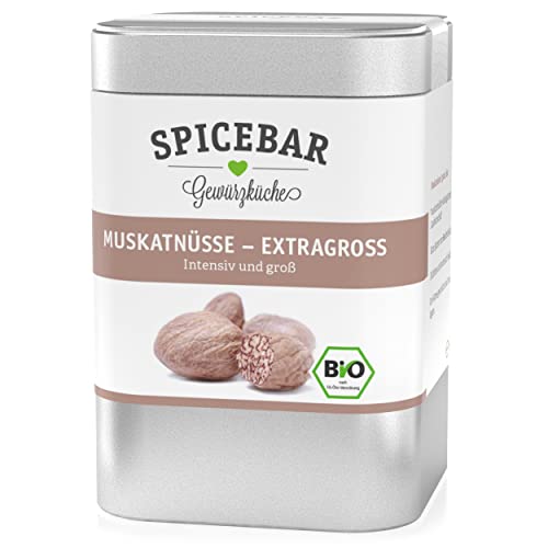 Spicebar Bio Muskatnuss ganz (60g) - 9-12 extra große Bio Muskatnüsse aus Indien - handverlesener Muskat in schützender Aroma-Dose von Spicebar Gewürzküche
