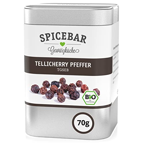 Spicebar - Tellicherry Pfeffer ganz (70g) - Bio Pfefferkörner schwarz aus Indien (Qualitätsstufe 1: TGSEB) in der Spicebar Aroma-Dose - für die Mühle geeignet von Spicebar Gewürzküche