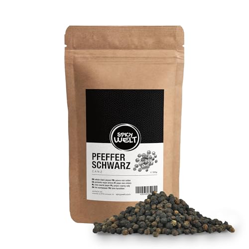 Spicy Welt Schwarzer Pfeffer Ganz (100g) – Ganze Pfefferkörner für Pfeffermühlen, Suppen, Saucen & Steak | Frisch, Ungemahlen & Aromatisch | Pfefferkörner Schwarz | 100% Naturrein, Ohne Zusätze von Spicy Welt