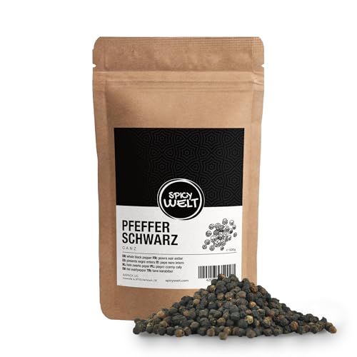 Spicy Welt Schwarzer Pfeffer ganz - Schwarze Pfefferkörner für die Mühle, Premium ungemahlene ganze schwarze Körner 500g von Spicy Welt