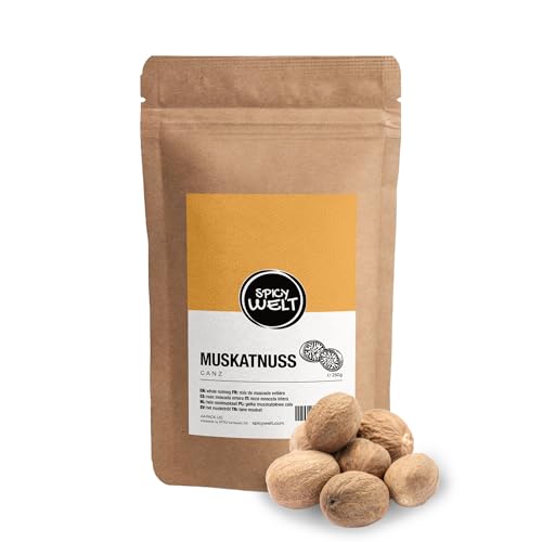 Spicy Welt Muskatnuss Ganz (250g) – Ganze Muskatnüsse für Kartoffelbrei, Béchamel & Gemüse, Frisch Reiben | Aromatisch, Intensiv & Nussig | 100% Naturrein, Ohne Zusätze von Spicy Welt