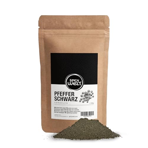 Spicy Welt Schwarzer Pfeffer Gemahlen (100g) – Intensives Pfefferpulver für Suppen, Saucen, Fleisch & Gemüse | Frisch Gemahlener Schwarzer Pfeffer, Fein & Aromatisch | 100% Naturrein, Ohne Zusätze von Spicy Welt