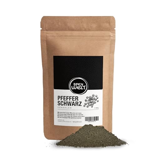 Spicy Welt Schwarzer Pfeffer Gemahlen (250g) – Intensives Pfefferpulver für Suppen, Saucen, Fleisch & Gemüse | Frisch Gemahlener Schwarzer Pfeffer, Fein & Aromatisch | 100% Naturrein, Ohne Zusätze von Spicy Welt