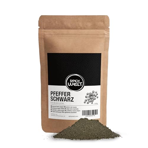 Spicy Welt Pfeffer schwarz gemahlen - 100% naturrein, gemahlene Pfefferkörner, schwarzes Pfefferpulver, ohne Zusätze, 500g von Spicy Welt