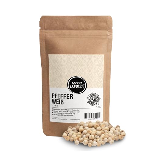 Spicy Welt Weißer Pfeffer Ganz (500g) – Ganze Weiße Pfefferkörner für Helle Soßen, Fisch & Geflügel, Frisch Mahlen | Intensiv, Erdig & Pikant | 100% Natürlich & Ohne Zusätze Spicy Welt Weißer Pfeffer Ganz (500g) – Ganze Weiße Pfefferkörner für Helle Soßen, Fisch & Geflügel, Frisch Mahlen | Intensiv, Erdig & Pikant | 100% Natürlich & Ohne Zusätze von Spicy Welt