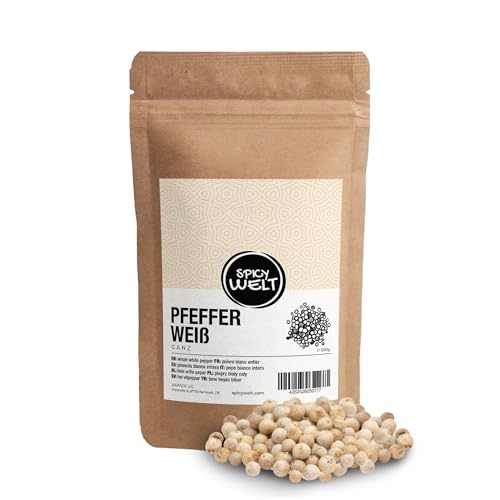 Spicy Welt Pfeffer weiß ganz - 100% naturrein weißer Pfeffer ganz, weiße ungemahlene Pfefferkörner ohne Zusätze (500g) von Spicy Welt