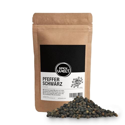 Spicy Welt Schwarzer Pfeffer Ganz (1kg) – Ganze Pfefferkörner für Pfeffermühlen, Suppen, Saucen & Steak | Frisch, Ungemahlen & Aromatisch | Pfefferkörner Schwarz | 100% Naturrein, Ohne Zusätze von Spicy Welt