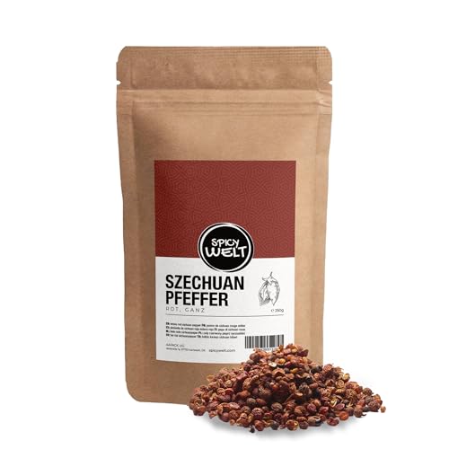 Spicy Welt Szechuanpfeffer Rot Ganz (250g) – Ganze Rote Sichuan Pfefferbeeren | Für Mühle & Mörser, Volles Aroma Entfalten | Prickelnd-Zitronig, Blumig & Aromatisch | 100% Naturrein, Ohne Zusätze von Spicy Welt