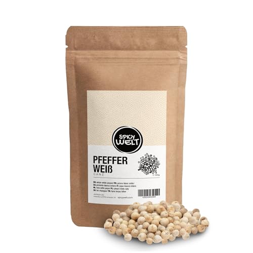 Spicy Welt Weißer Pfeffer Ganz (100g) – Ganze Weiße Pfefferkörner für Helle Soßen, Fisch & Geflügel, Frisch Mahlen | Intensiv, Erdig & Pikant | 100% Natürlich & Ohne Zusätze von Spicy Welt