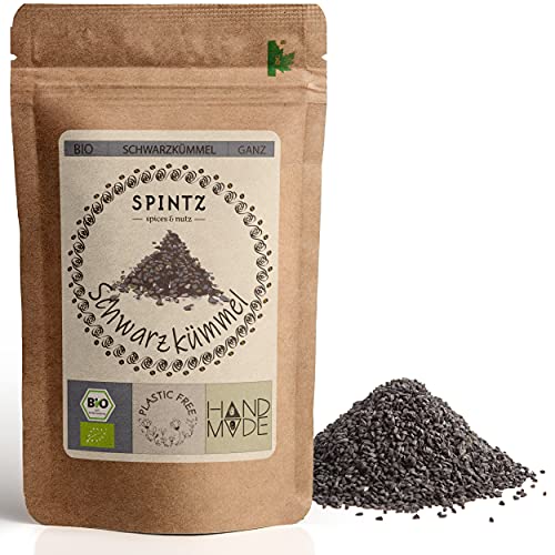 SPINTZ 1000g Bio Schwarzkümmel ganz - Nigella Sativa ganze Schwarzkümmel Samen - Saat ungemahlen - ganze Körner | Ideal zum Kochen | 100% natürlich aus biologischem Anbau | plastikfrei verpackt von SPINTZ