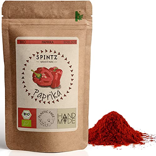 SPINTZ 250g Bio Paprikapulver edelsüß - mildes Paprika Pulver gemahlen - Paprika Gewürz | Ideal für ungarisches Gulasch | 100% natürlich & aus biologischem Anbau | plastikfrei verpackt von SPINTZ