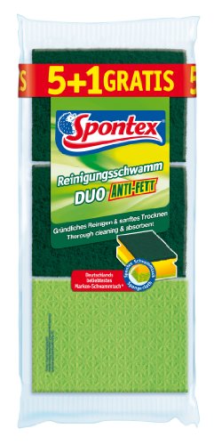 Spontex Reinigungsschwamm Duo Anti-Fett 5+1, Topfreiniger mit Trockenseite, Farbe nicht frei wählbar, grün/pink, 1 x 6 Stück von Spontex