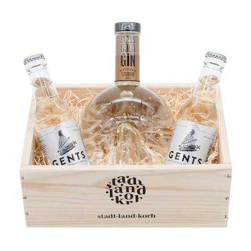 Premium Gin & Tonic Geschenkkorb «Swiss Gold Gin» für goldene Momente zum Anstossen – Geschenkidee für Geburtstage, Weihnachten und als Dankeschön von Stadt Land Korb