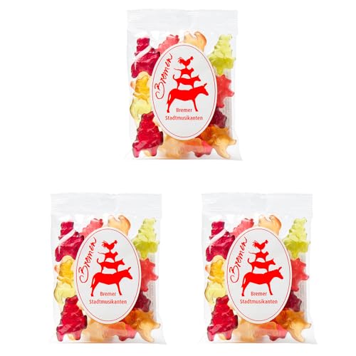 Fruchtgummi Bremer Stadtmusikanten | Fruchtsaftanteil aus Apfel, Himbeere, Orange, Birne, Erdbeere, Pfirsich | 3 x 100g | 3er-Set Fruchtgummi Bremer Stadtmusikanten | Fruchtsaftanteil aus Apfel, Himbeere, Orange, Birne, Erdbeere, Pfirsich | 3 x 100g | 3er-Set von Stadtmusikanten Bremen