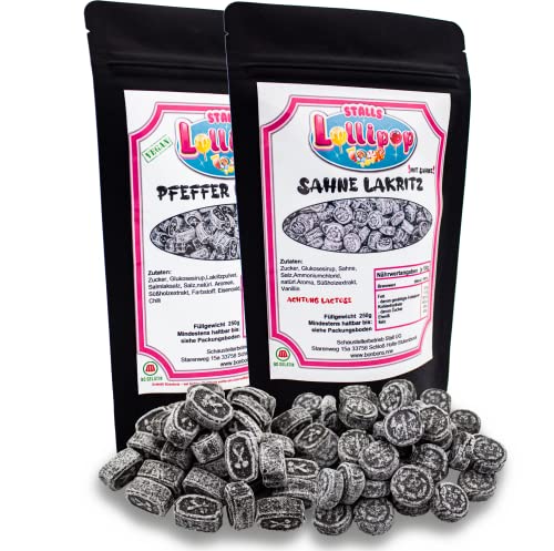 2 x 250g verschiedene Sorten Lakritz Bonbons kandiert mit den Geschmacksrichtungen Sahne Lakritz, Pfeffer Lakritz von Stalls Lollypop