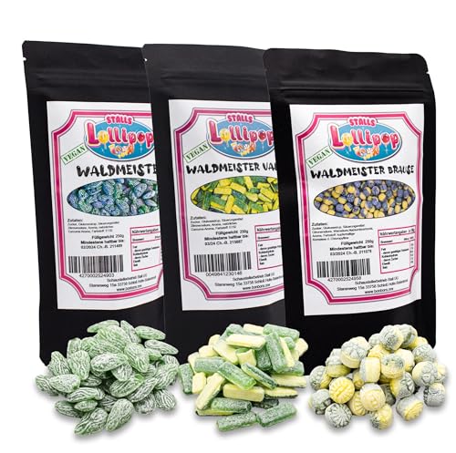 3x250g Coole Waldmeister Frucht Bonbon Mischung – 250g Waldmeisters – kandiert, 250g Waldmeister Vanille – kandiert & 250g Waldmeister Brause – kandiert – leckere coole Frucht Bonbons von Stalls Lollypop