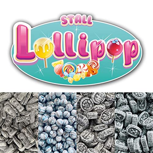 4 verschiedene Sorten Lakritz Bonbons kandiert mit den Geschmacksrichtungen Sahne Lakritz, Pfeffer Lakritz, Pfefferminz Lakritz und purem Lakritz von Stalls Lollypop