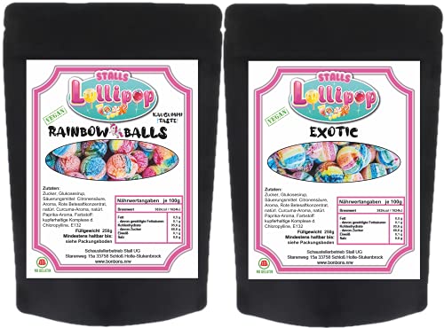 Coole Kinder Bonbons – 250g Bonbon Rainbow Unicorn Balls – kandiert mit Kaugummi Geschmack & 250g Exotic Unicorn Balls – kandiert – leckere coole Frucht Bonbons von Stalls Lollypop